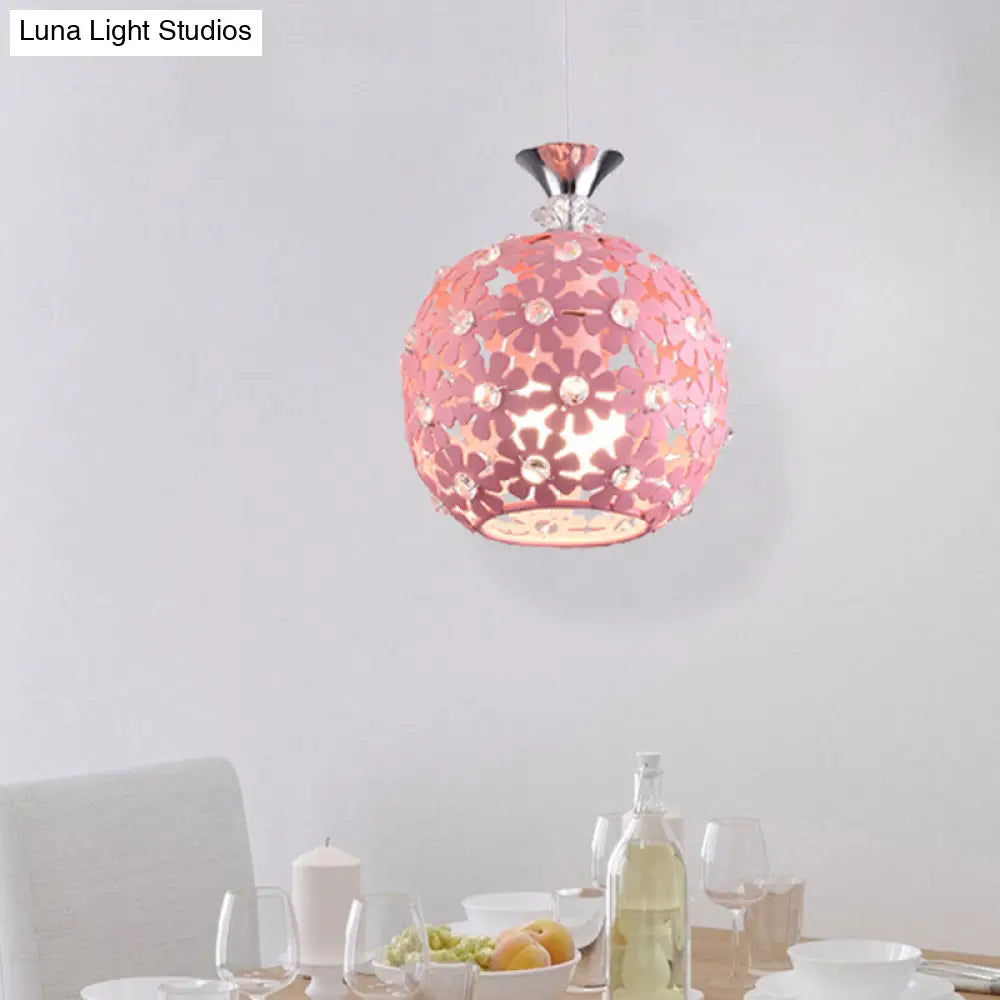 Minimalist Iron Ceiling Pendant Light - Pink Finish With Sphere Design 1 Bulb Floret Drop Fixture