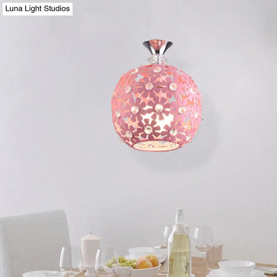 Minimalist Iron Ceiling Pendant Light - Pink Finish With Sphere Design 1 Bulb Floret Drop Fixture