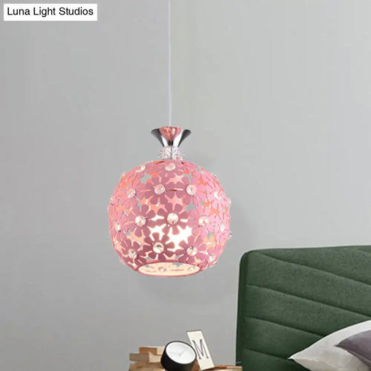 Minimalist Pink Floret Pendant Light With Iron Sphere Design And Single Bulb Ceiling Fixture