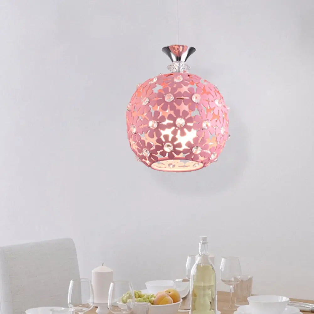Minimalist Pink Floret Pendant Light With Iron Sphere Design And Single Bulb Ceiling Fixture