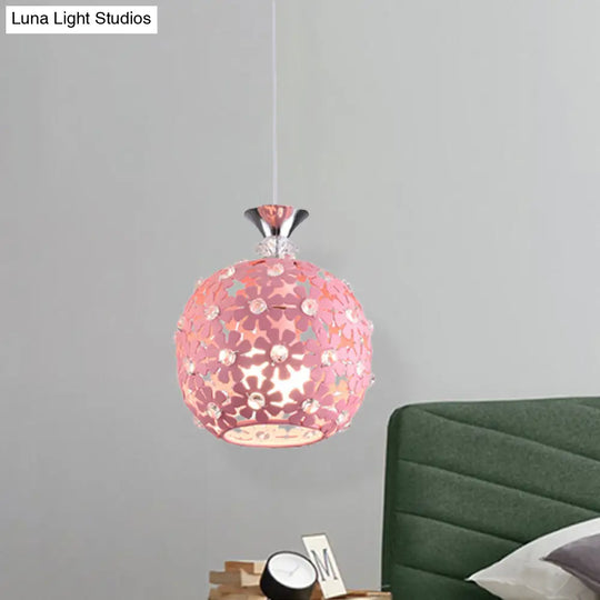Minimalist Iron Ceiling Pendant Light - Pink Finish With Sphere Design 1 Bulb Floret Drop Fixture