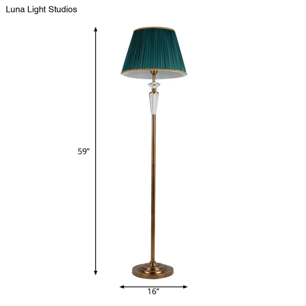 Minimalist Pleated Green Floor Lamp With Crystal Accent - 1 Light Standing For Living Room