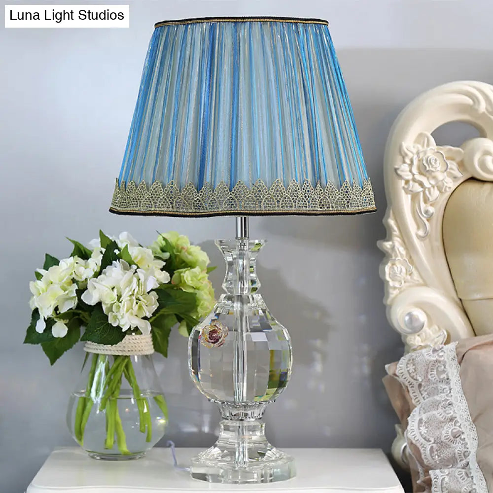 Minimalist Pleated Nightstand Lamp In Blue With Crystal Base - 1-Light Night Light Fabric Lampshade