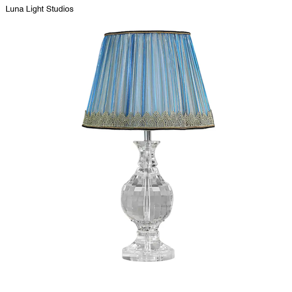 Minimalist Pleated Nightstand Lamp In Blue With Crystal Base - 1-Light Night Light Fabric Lampshade