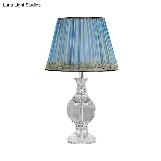 Minimalist Pleated Nightstand Lamp In Blue With Crystal Base - 1-Light Night Light Fabric Lampshade