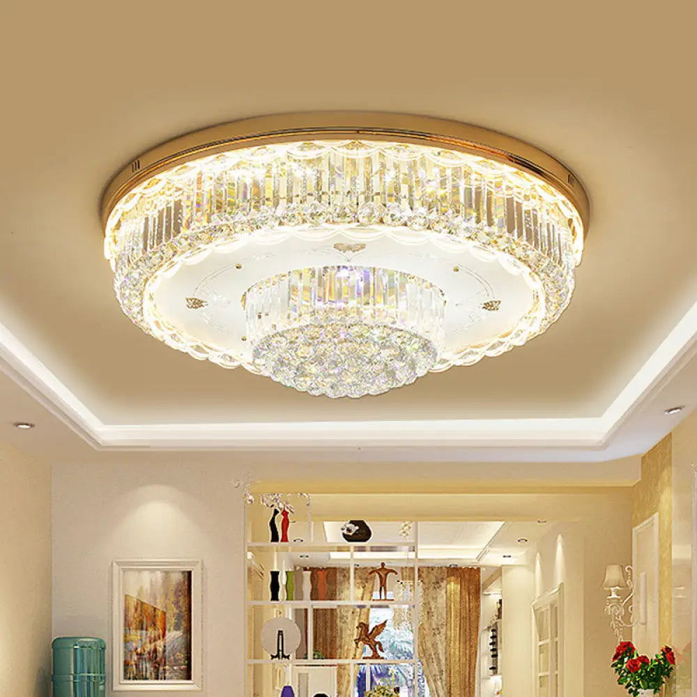 Minimalist Prismatic Crystal Gold Flush Mount Light For Living Room - 2 Tiers Led Ceiling Fixture