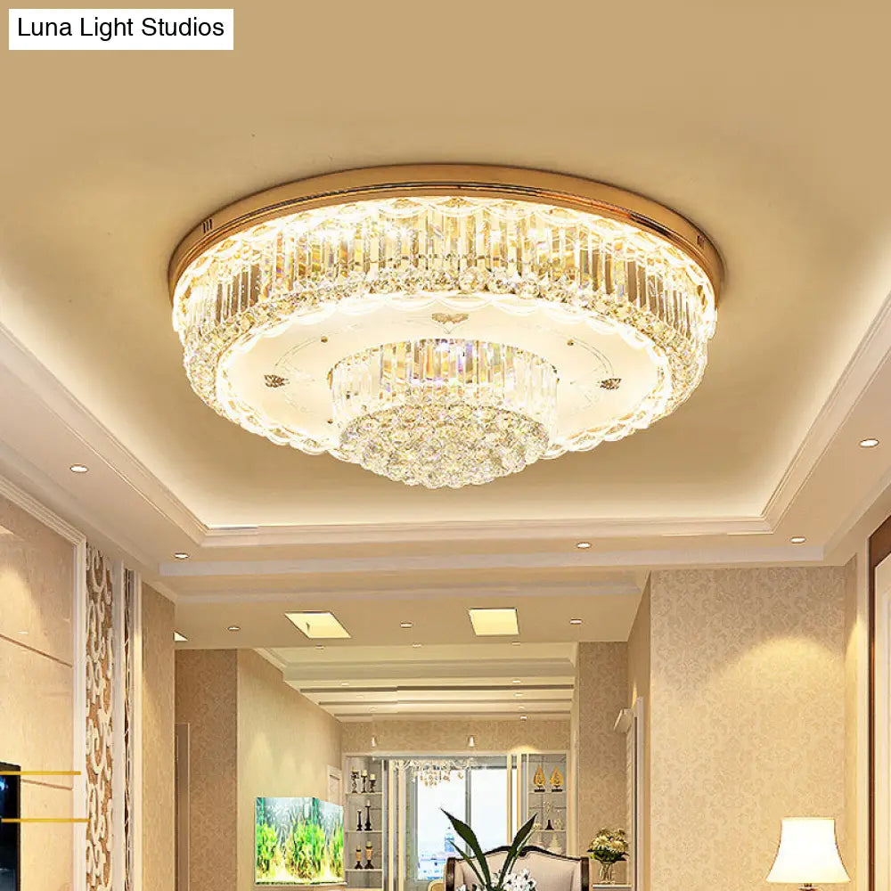 Minimalist Prismatic Crystal Gold Flush Mount Light For Living Room - 2 Tiers Led Ceiling Fixture