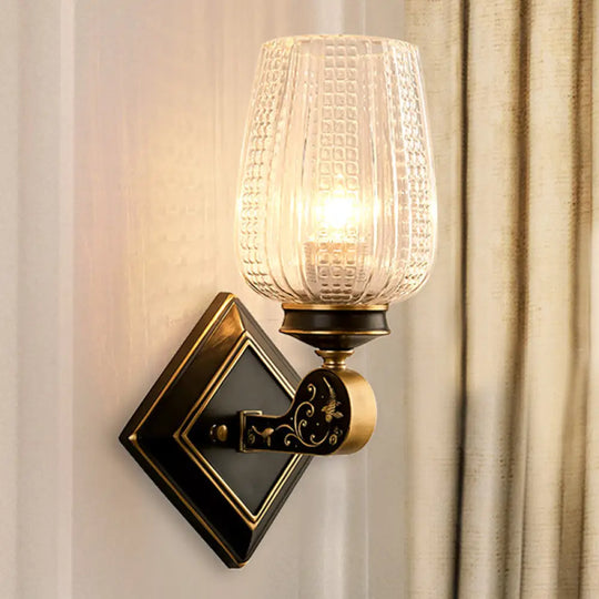 Minimalist Prismatic Glass Cup Sconce Light - Wall Mounted Lamp With Rhombus Black/Gold Backplate