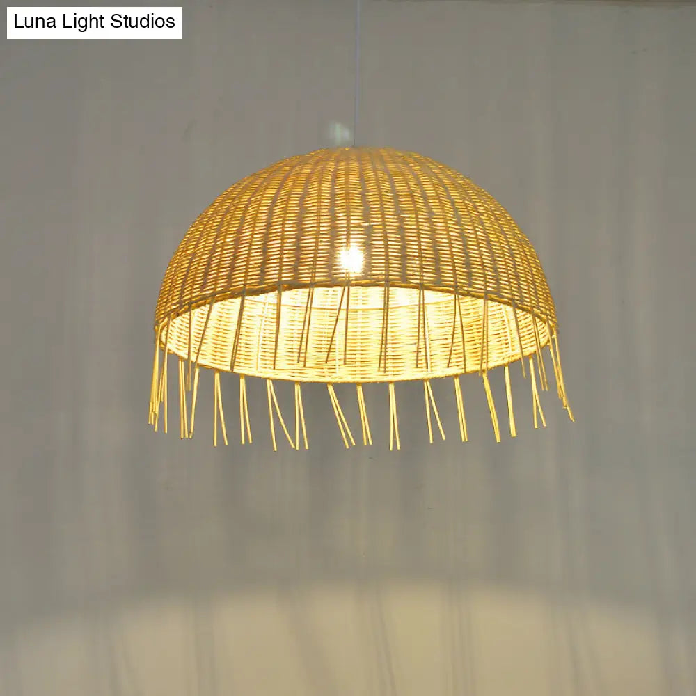 Minimalist Rattan Dome Pendant Ceiling Light For Restaurants - Wood Finish