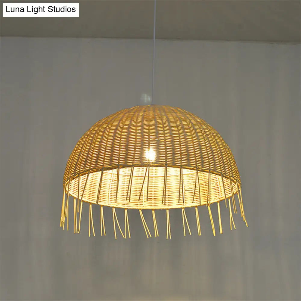 Minimalist Rattan Dome Pendant Ceiling Light For Restaurants - Wood Finish