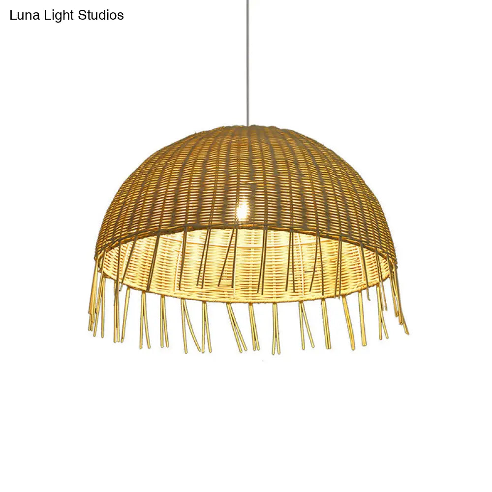 Minimalist Rattan Dome Pendant Ceiling Light For Restaurants - Wood Finish