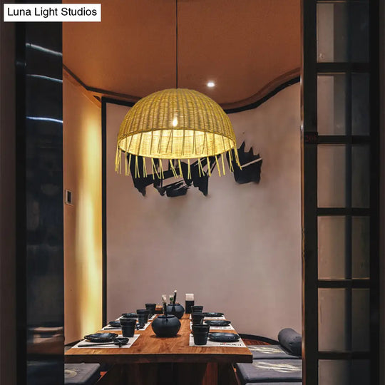 Minimalist Rattan Dome Pendant Ceiling Light For Restaurants - Wood Finish