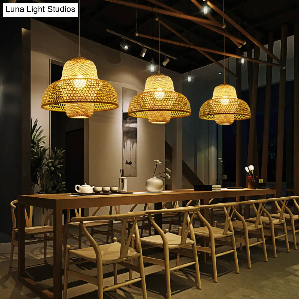 Minimalist Rattan Hot Pot Suspension Light With Wooden Pendant