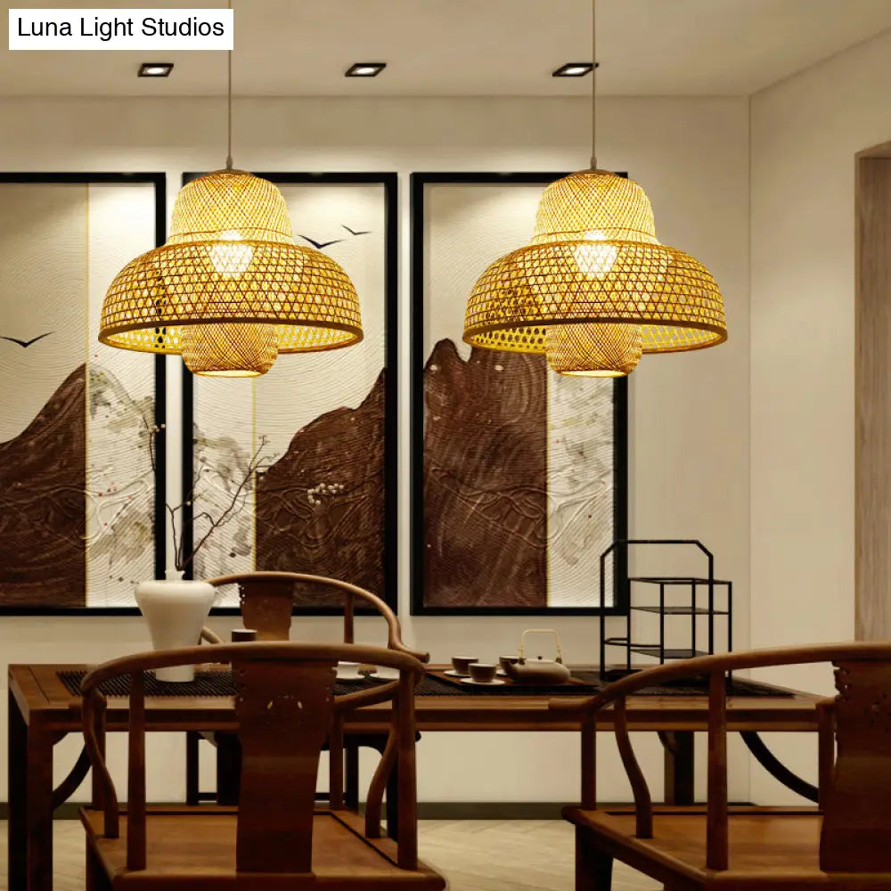 Minimalist Rattan Hot Pot Suspension Light With Wooden Pendant