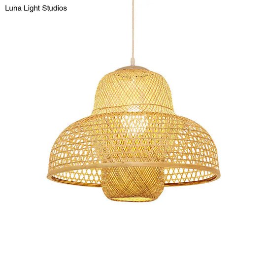 Minimalist Rattan Hot Pot Suspension Light With Wooden Pendant