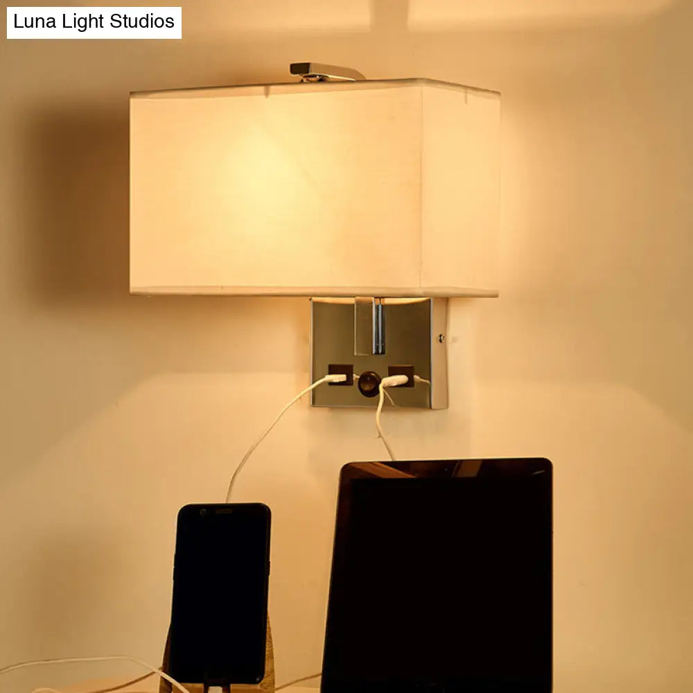 Minimalist Rectangle Wall Light Kit With Usb Port - Single-Bulb Beige/Black/White Fabric Lamp