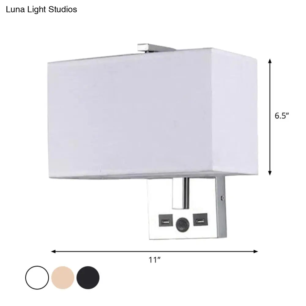 Minimalist Rectangle Wall Light Kit With Usb Port - Single-Bulb Beige/Black/White Fabric Lamp