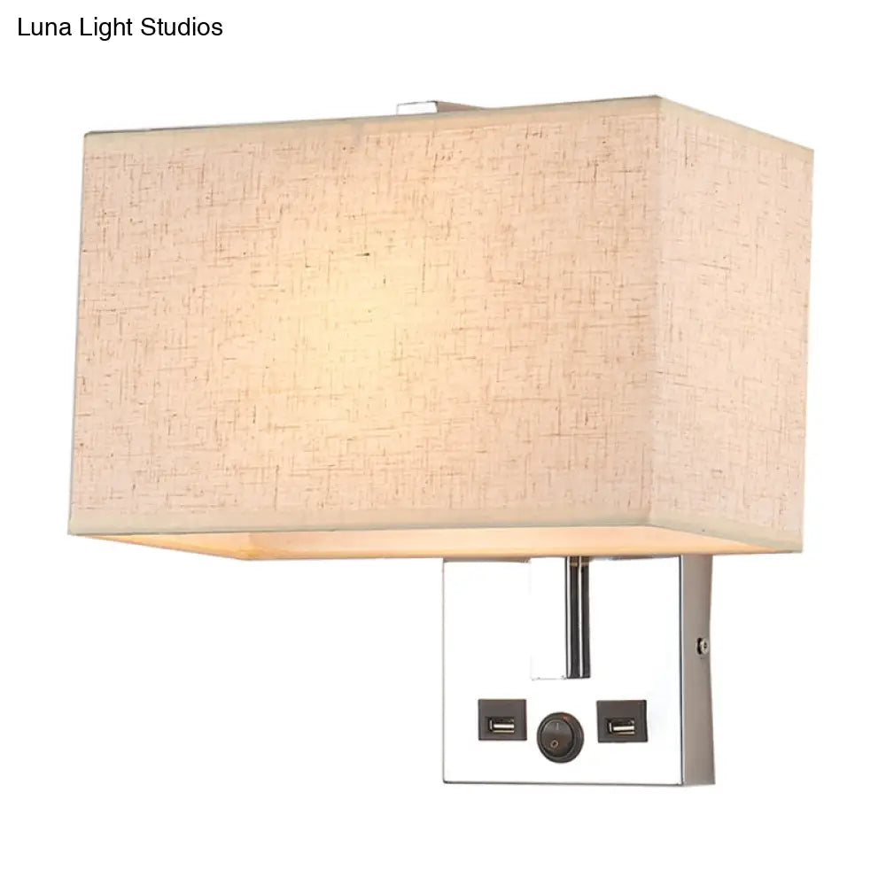 Minimalist Rectangle Wall Light Kit With Usb Port - Single-Bulb Beige/Black/White Fabric Lamp