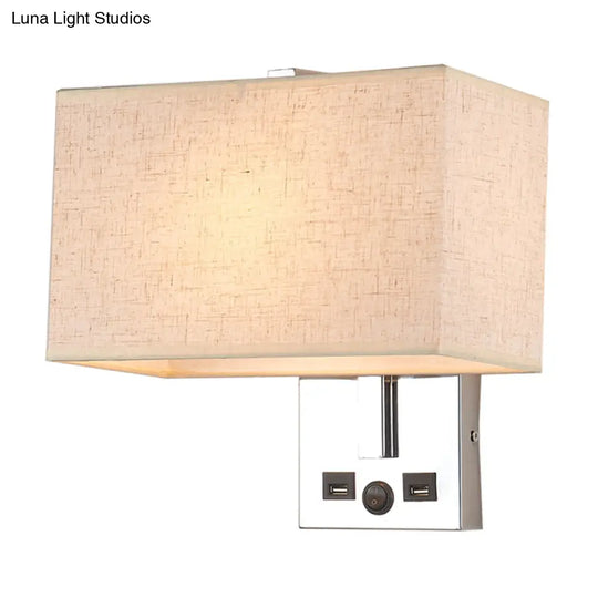 Minimalist Rectangle Wall Light Kit With Usb Port - Single-Bulb Beige/Black/White Fabric Lamp