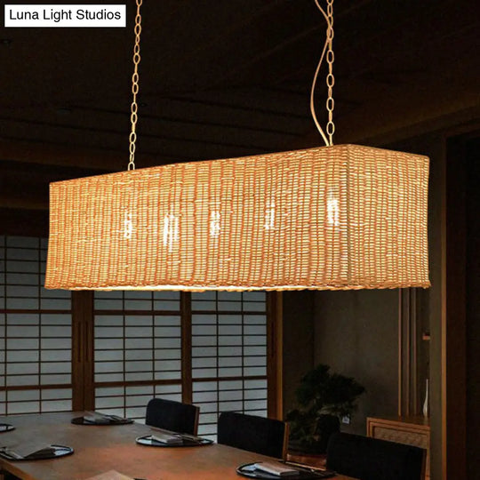 Minimalist Rectangular Rattan Restaurant Hanging Lamp With 3 Heads - Wood Island Chandelier Light