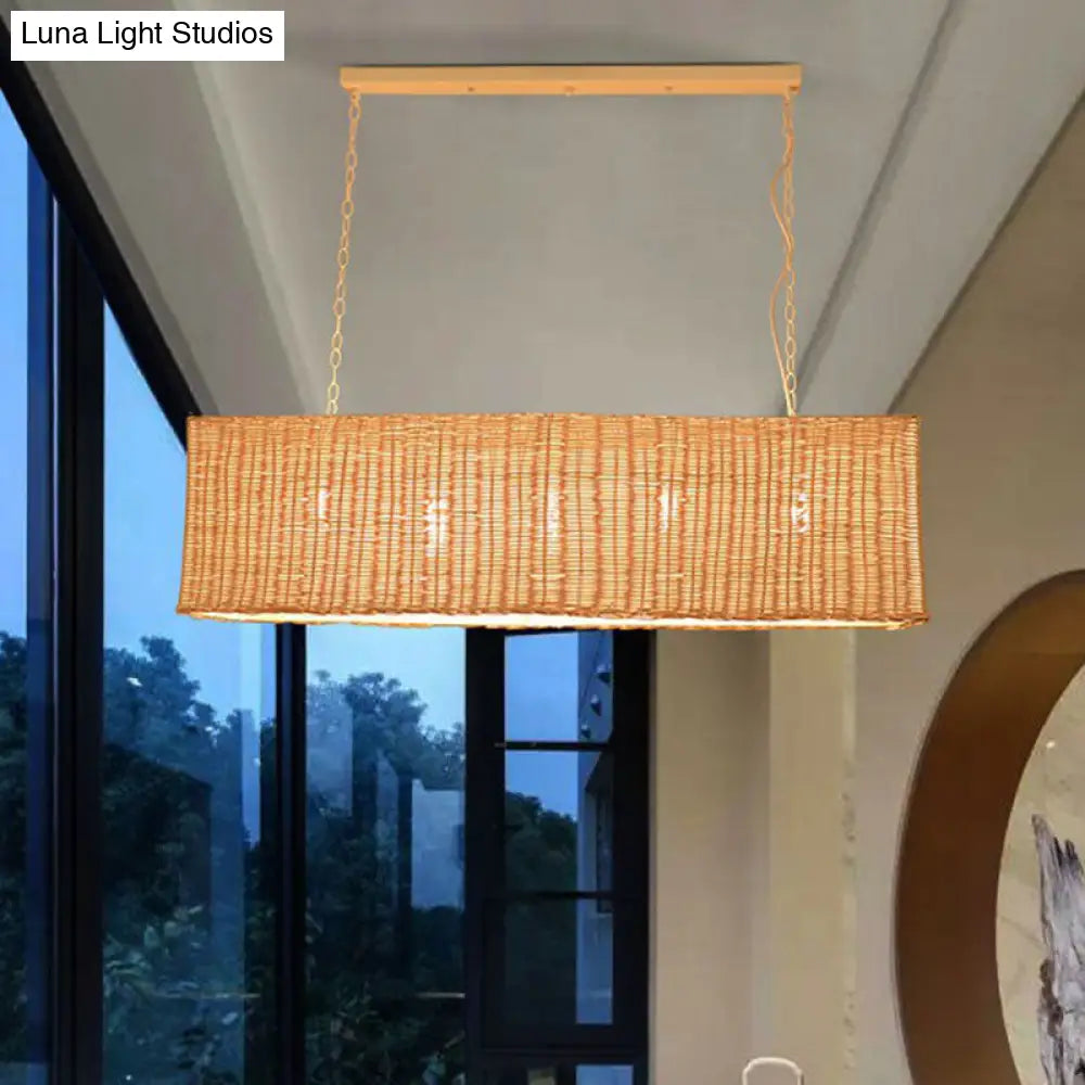 Minimalist Rectangular Rattan Restaurant Hanging Lamp With 3 Heads - Wood Island Chandelier Light