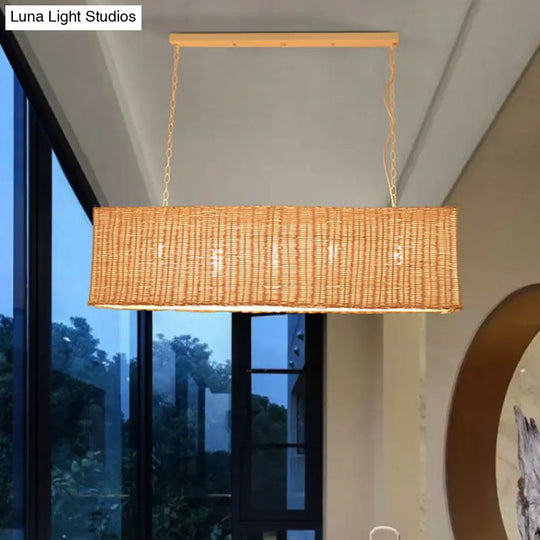 Minimalist Rectangular Rattan Restaurant Hanging Lamp With 3 Heads - Wood Island Chandelier Light