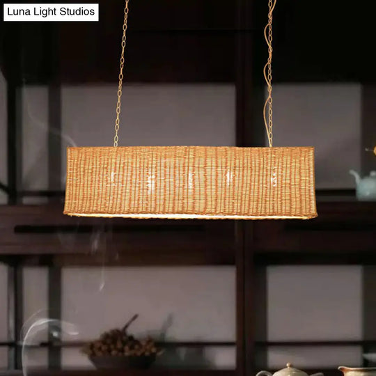 Minimalist Rectangular Rattan Restaurant Hanging Lamp With 3 Heads - Wood Island Chandelier Light