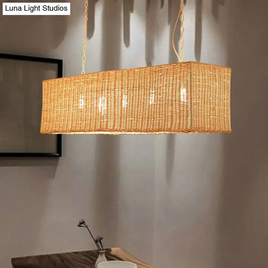 Minimalist Rectangular Rattan Restaurant Hanging Lamp With 3 Heads - Wood Island Chandelier Light