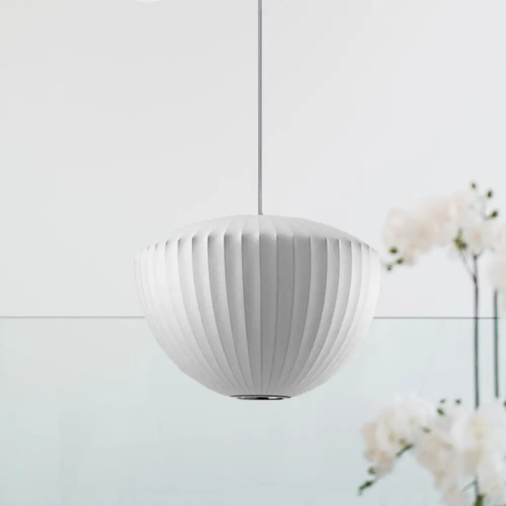Minimalist Ribbed Rayon Bowl Pendant Light: 1-Light White Ceiling Fixture For Lounge