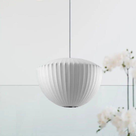 Minimalist Ribbed Rayon Bowl Pendant Light: 1-Light White Ceiling Fixture For Lounge