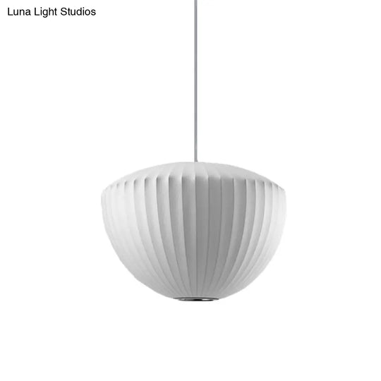 Minimalist Ribbed Rayon Bowl Pendant Light: 1-Light White Ceiling Fixture For Lounge