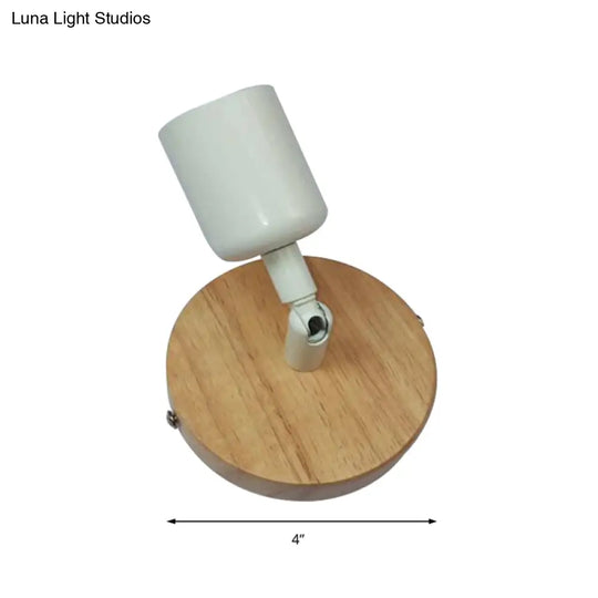 Minimalist Round Backplate Wall Sconce In White For Bedside - Wood And Metal Fixture