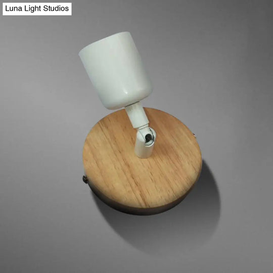 Minimalist Round Backplate Wall Sconce In White For Bedside - Wood And Metal Fixture