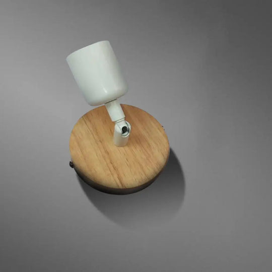 Minimalist Round Backplate Wall Sconce In White For Bedside - Wood And Metal Fixture