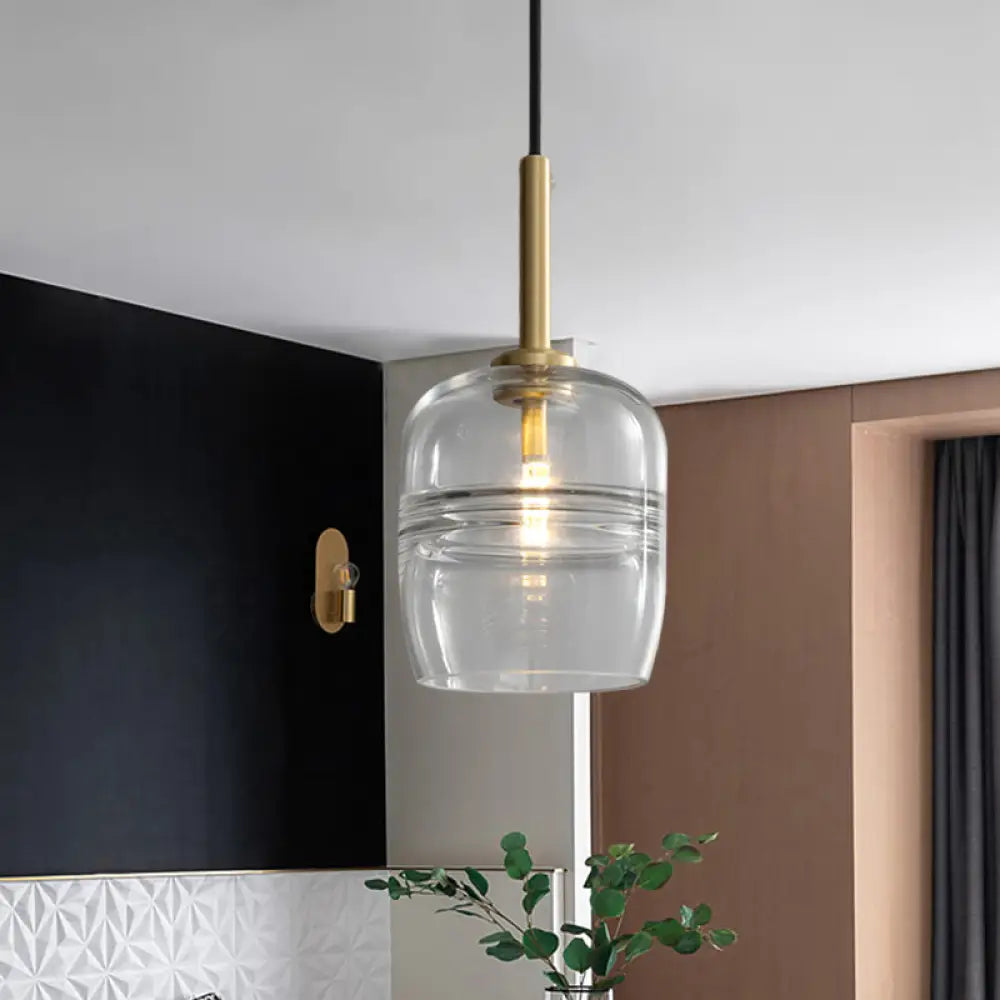 Minimalist Ruffle Pendant Light In Clear/Smoke Gray Glass - Bedside Hanging Lamp Fixture Brass