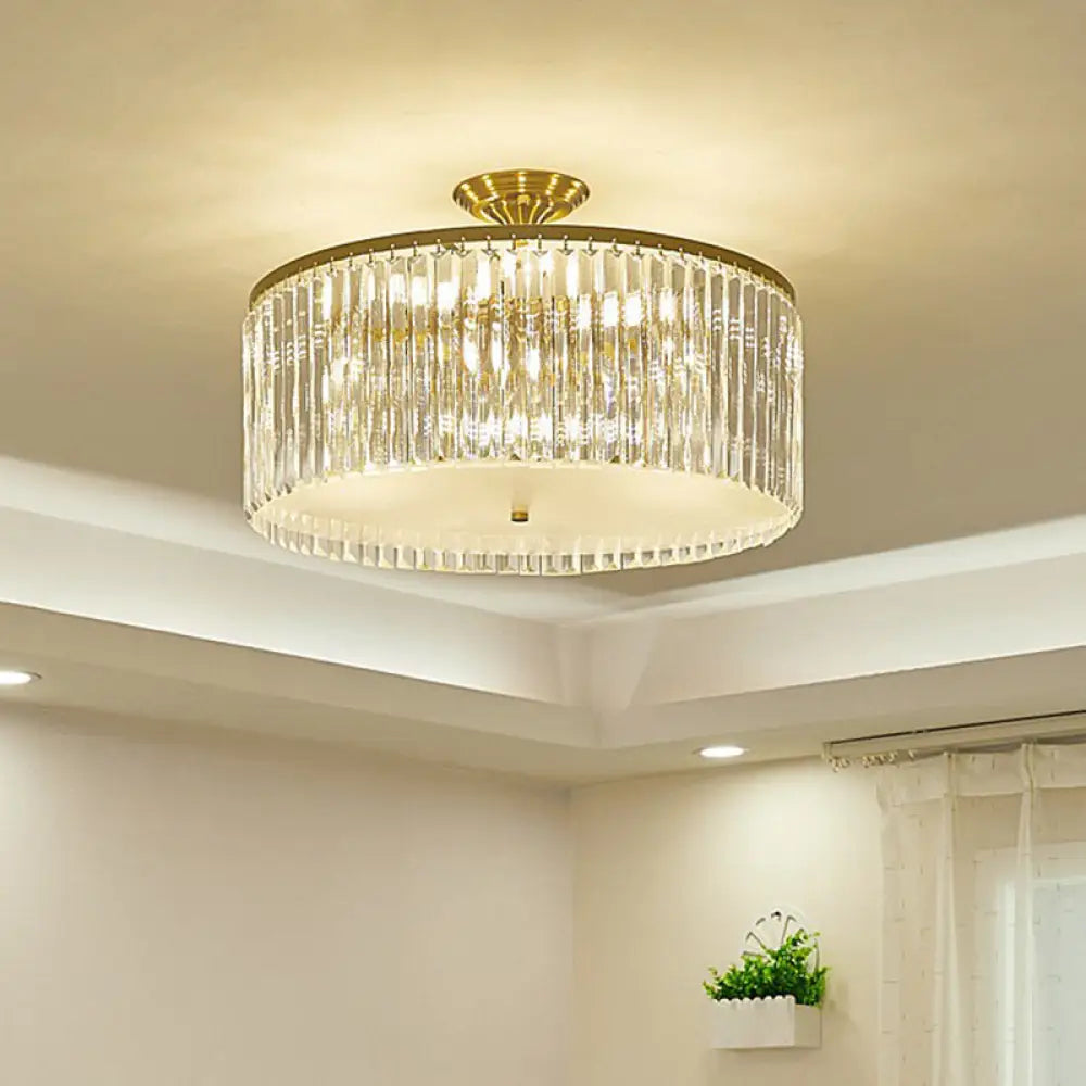 Minimalist Semi Flush Mount Ceiling Light With Clear Crystal Drum Shade - Bedroom Close To / 15’