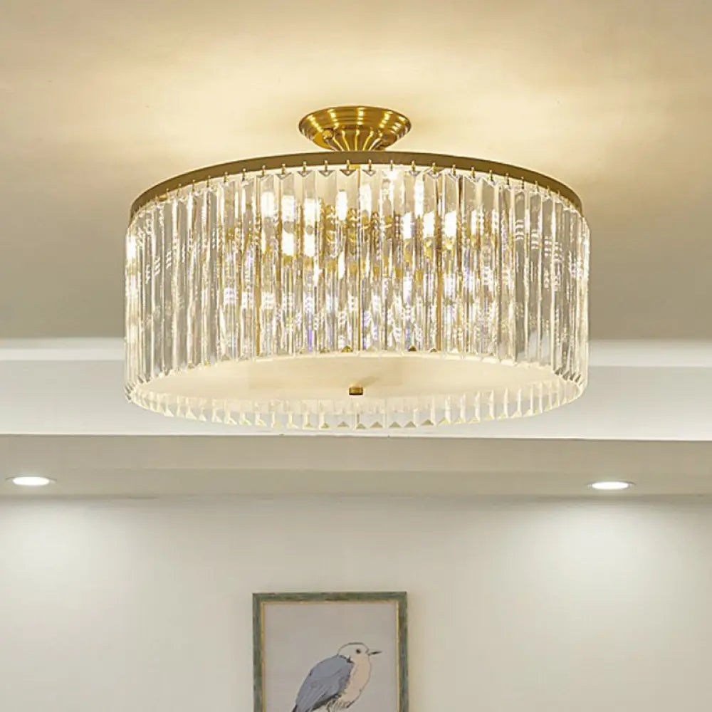 Minimalist Semi Flush Mount Ceiling Light With Clear Crystal Drum Shade - Bedroom Close To / 19’