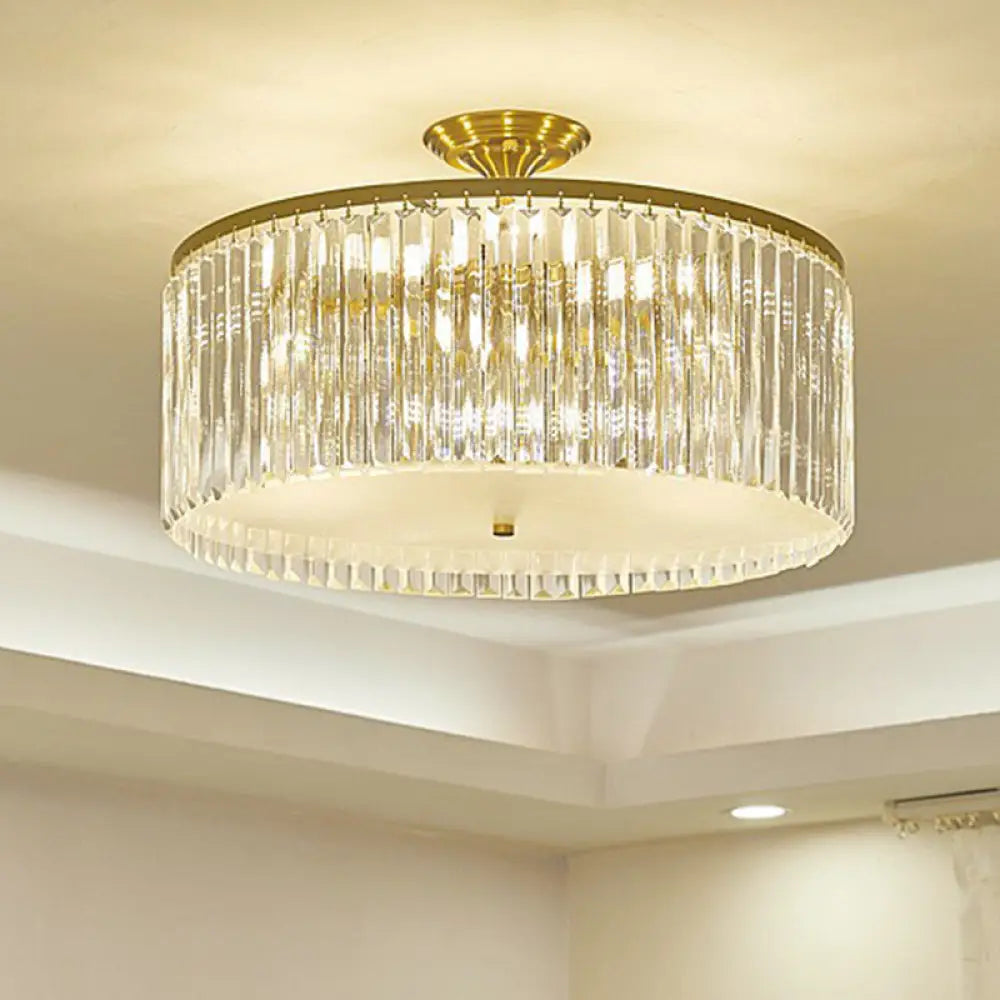 Minimalist Semi Flush Mount Ceiling Light With Clear Crystal Drum Shade - Bedroom Close To / 21.5’