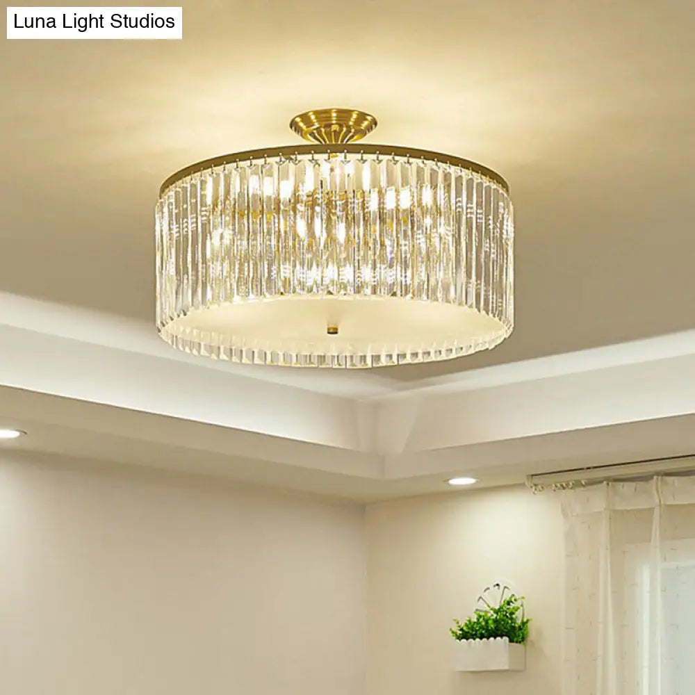 Minimalist Semi Flush Mount Ceiling Light With Clear Crystal Drum Shade - Bedroom Close To / 15