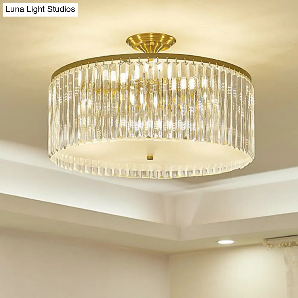 Minimalist Semi Flush Mount Ceiling Light With Clear Crystal Drum Shade - Bedroom Close To / 21.5