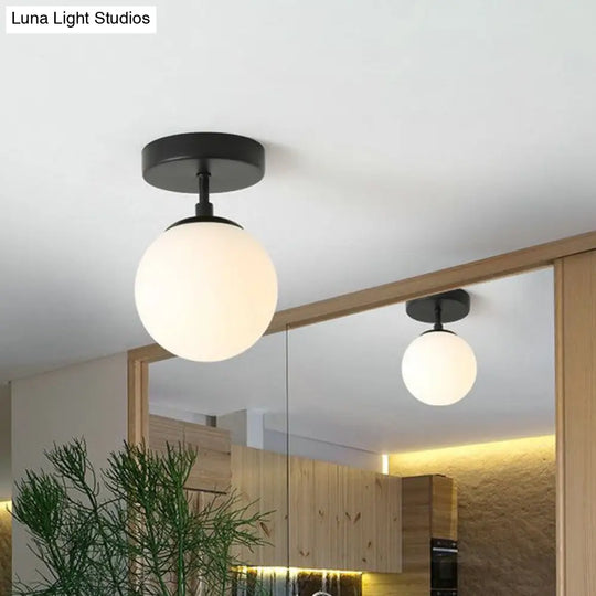 Minimalist Semi - Flushmount Brass/Black Close To Ceiling Light With Frosted Globe Glass Shade