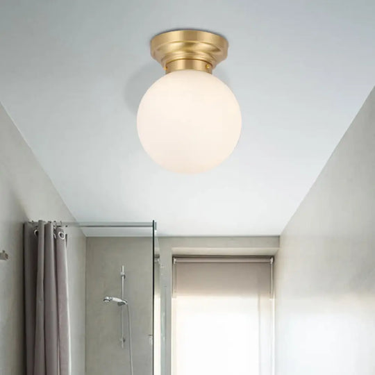 Minimalist Semi - Flushmount Brass/Black Close To Ceiling Light With Frosted Globe Glass Shade Brass