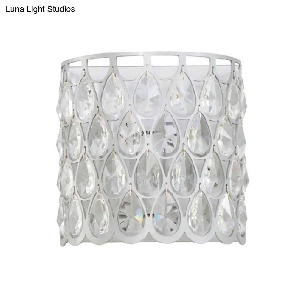 Minimalist Silver/Brass Half-Cylinder Wall Light Sconce - Clear Crystal Teardrop 1 Metal Lamp