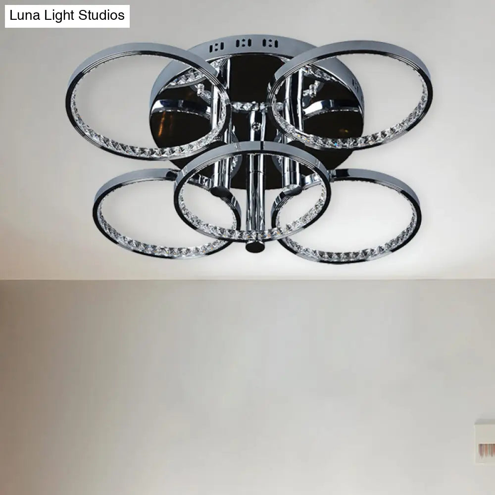 Minimalist Silver Circle Crystal Led Semi Flush Mount Light For Living Room - Warm/White Glow