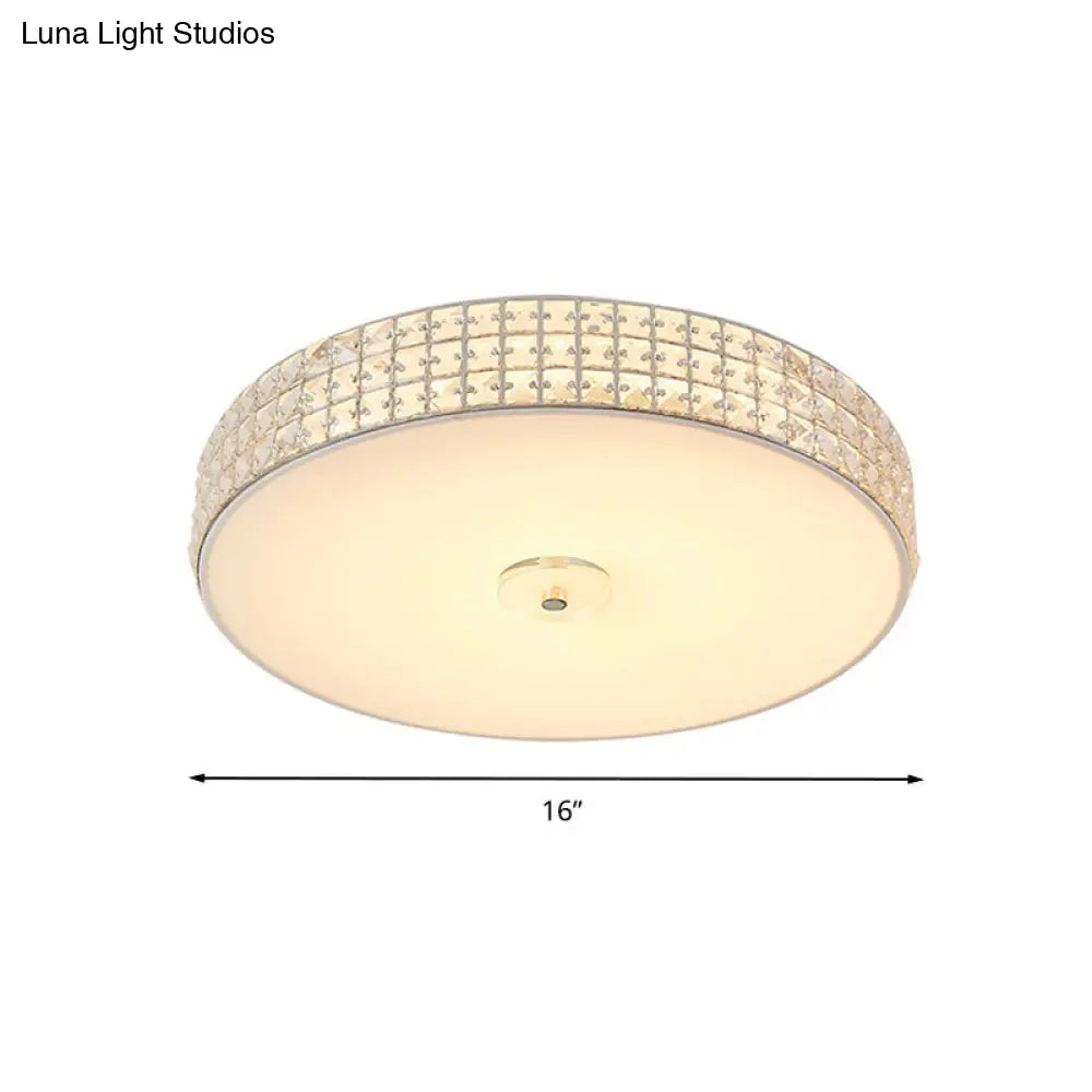 Minimalist Silver K9 Crystal Drum Flush Mount Led Ceiling Light - Perfect For Bedroom 12/16/19.5