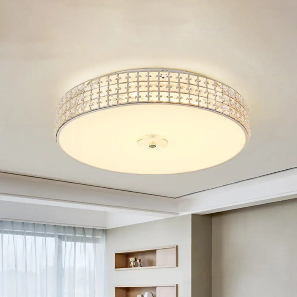 Minimalist Silver K9 Crystal Drum Flush Mount Led Ceiling Light - Perfect For Bedroom