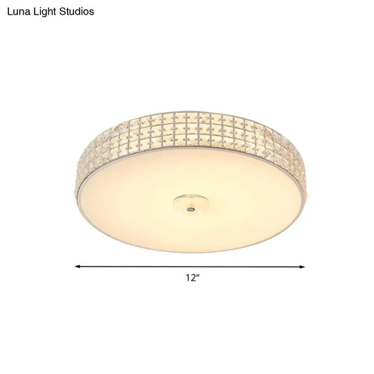 Minimalist Silver K9 Crystal Drum Flush Mount Led Ceiling Light - Perfect For Bedroom