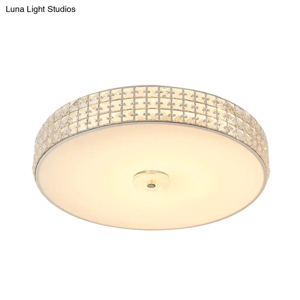 Minimalist Silver K9 Crystal Drum Flush Mount Led Ceiling Light - Perfect For Bedroom