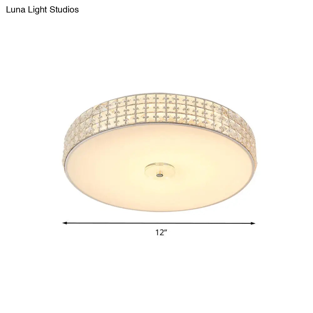 Minimalist Silver K9 Crystal Drum Flush Mount Led Ceiling Light - Perfect For Bedroom 12/16/19.5