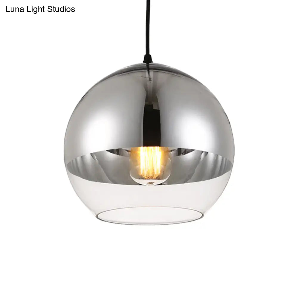 Minimalist Silver Sphere Pendant Lamp - Bedroom Hanging Light With Transparent Open Glass &